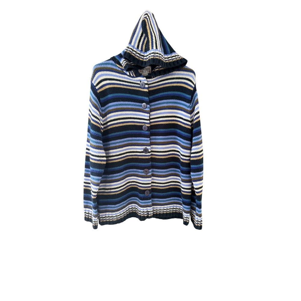 Mainstreet Blues Vintage M Striped Hooded Cardigan Sweater‎ Blue Chunky Artsy